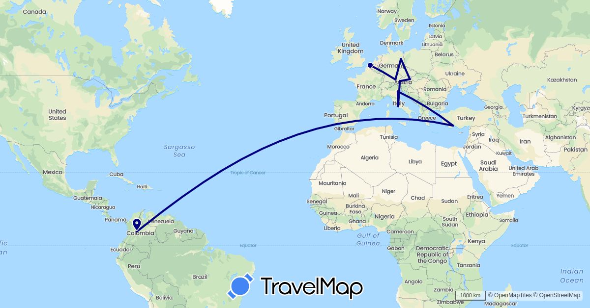 TravelMap itinerary: driving in Austria, Belgium, Colombia, Germany, Italy, Turkey (Asia, Europe, South America)